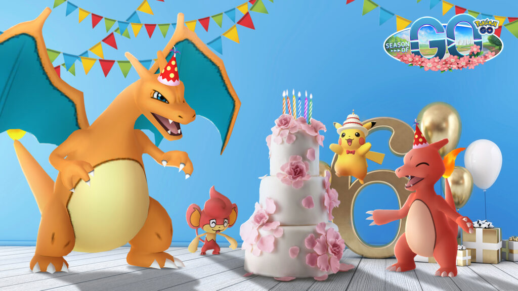 Événement Anniversaire Pokémon GO - Pikachu Gâteau, Dracaufeu festif, Zarbi F et Flamajou pour célébrer les 6 ans du jeu!