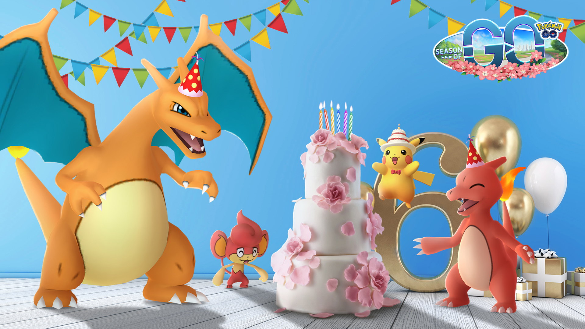 Événement Anniversaire Pokémon GO – Pikachu Gâteau, Dracaufeu festif, Zarbi F et Flamajou pour célébrer les 6 ans du jeu!