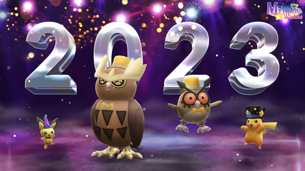 Célébration de la nouvelle année 2023 avec Pikachu et Noarfang haut-de-forme dans Pokémon GO