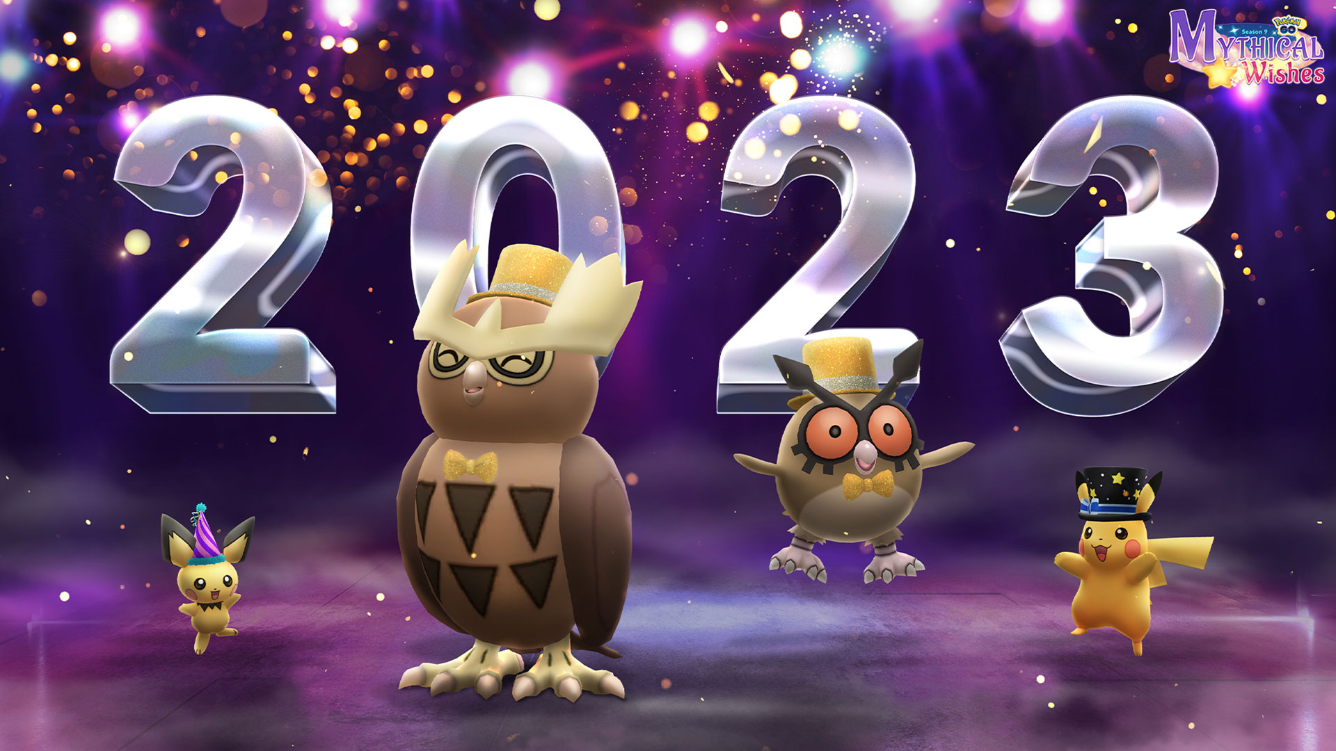 Célébration de la nouvelle année 2023 avec Pikachu et Noarfang haut-de-forme dans Pokémon GO