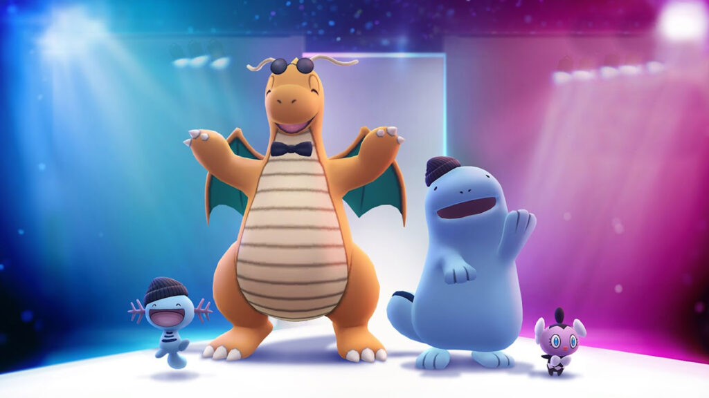 Dracolosse et Axoloto costumés et Scrutella chromatique se mettent sur leur 31 pour la Fashion Week 2023 sur Pokémon GO